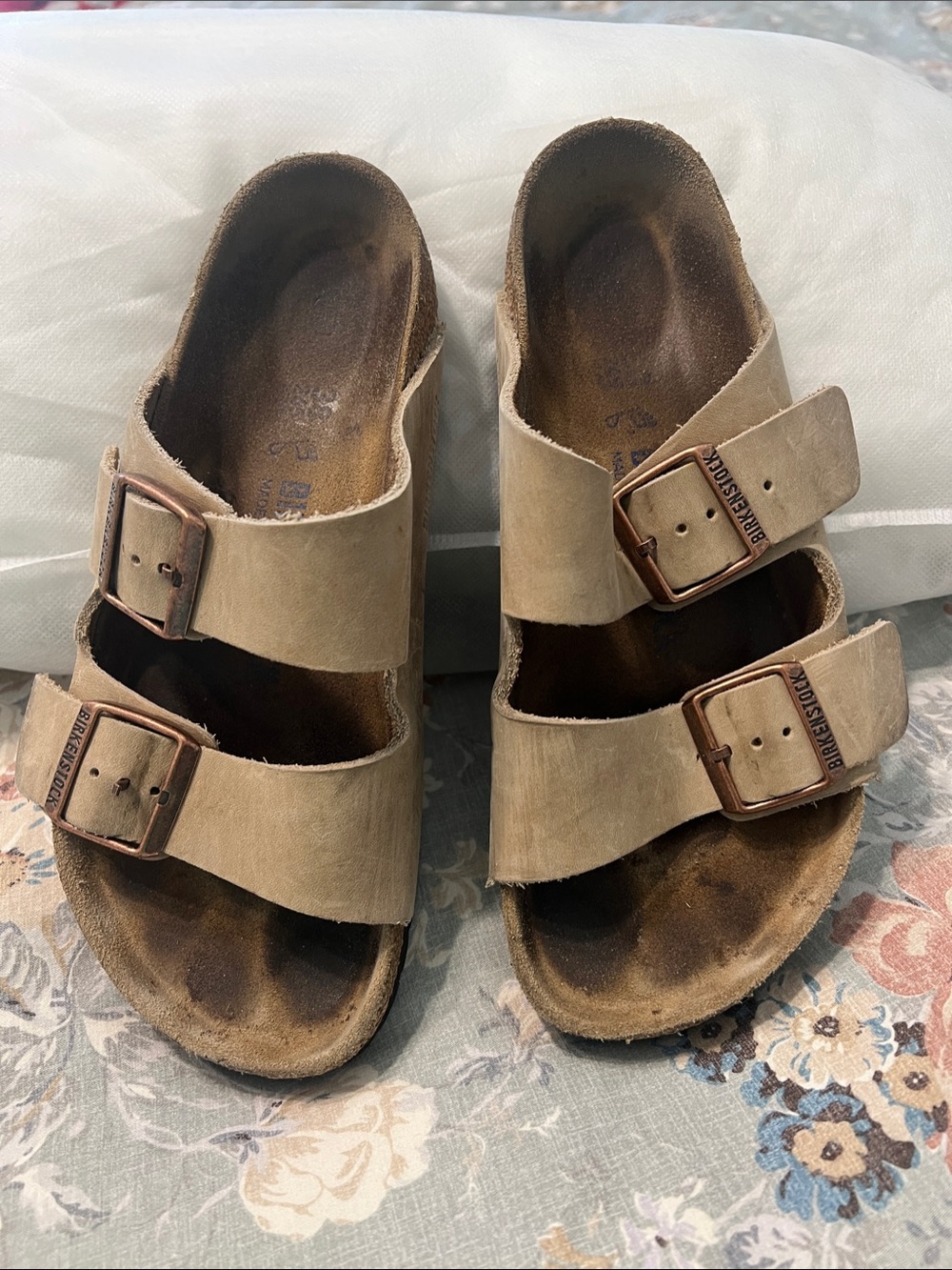 Birkenstock Arizona Sandals in Beige with Copper Buckles